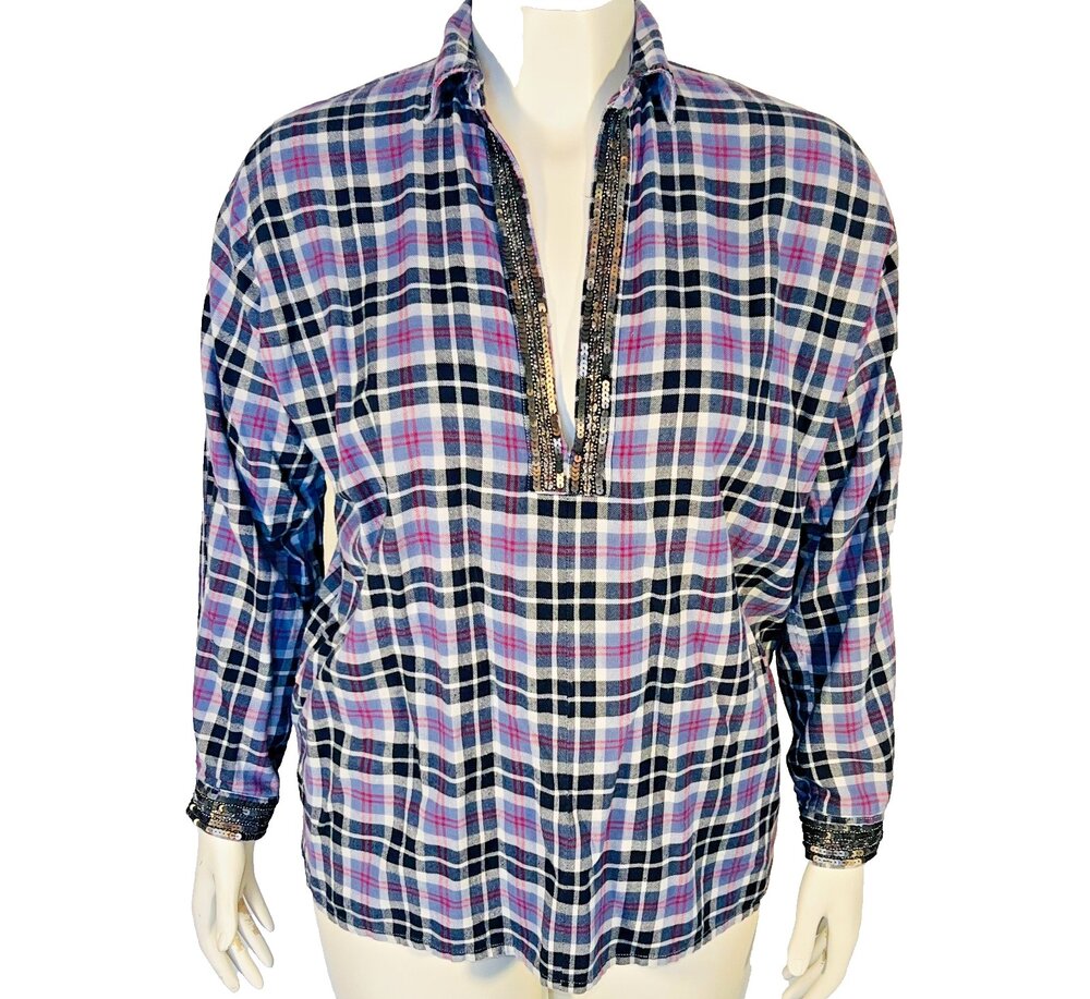 Loobies Story Flannel Shirt Womens S Light Blue Black Sequined Deep V-Neck